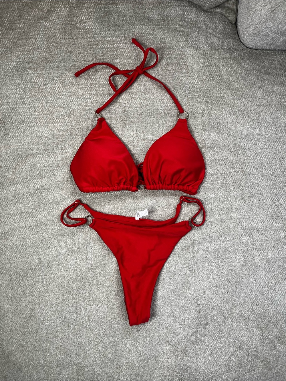 NWT Women’s Red Triangle Tie-Side Bikini Set with Gold Accents